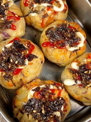 Crispy Squid Potato Balls with Seaweed Salad Drizzle
