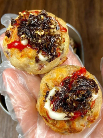 Crispy Squid Potato Balls with Seaweed Salad Drizzle