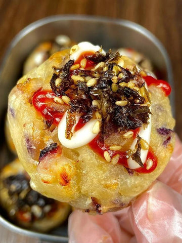 Crispy Squid Potato Balls with Seaweed Salad Drizzle