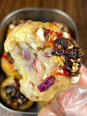 Crispy Squid Potato Balls with Seaweed Salad Drizzle