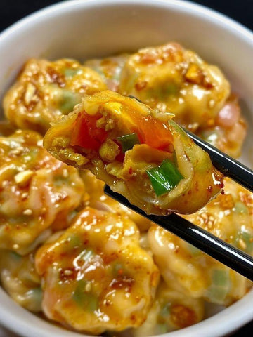  Steamed Tomato Egg Dumplings with Garlic Soy Sauce