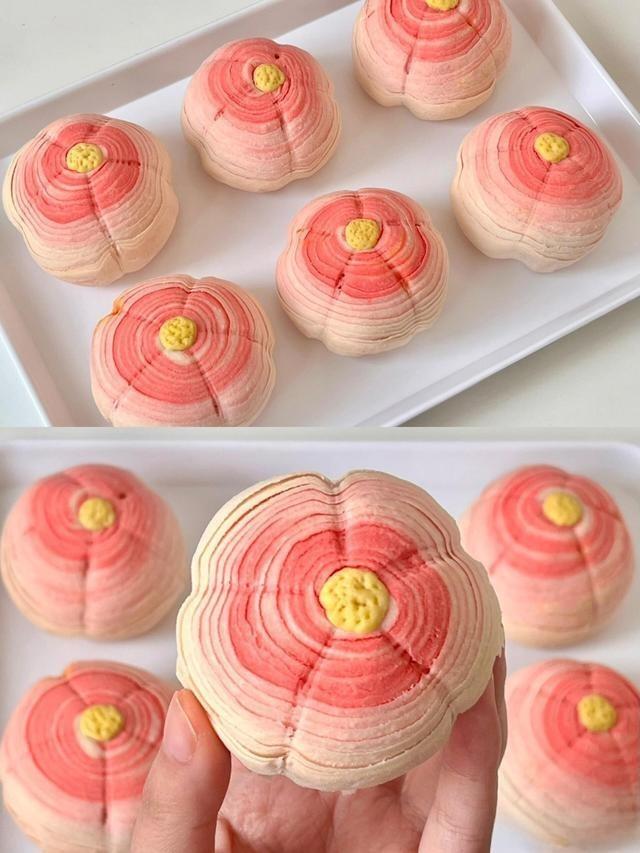 Peach Blossom Spiral Mooncakes with Salted Egg Yolk & Red Bean Paste