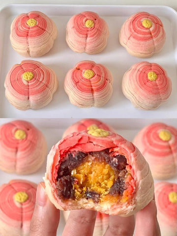 Peach Blossom Spiral Mooncakes with Salted Egg Yolk & Red Bean Paste